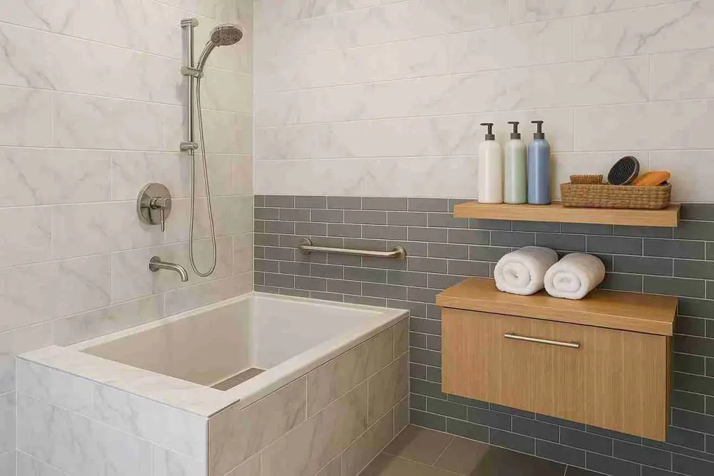 Luxury apartment pet washing station with modern fixtures and grooming supplies