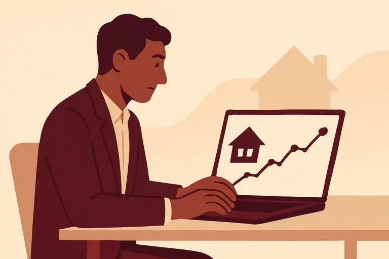 Property manager reviewing DFW rental market report data on a laptop with rental trend graphs and house icon