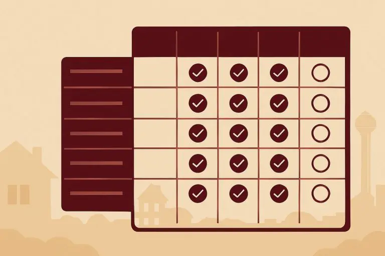 Evaluation framework representing key criteria for choosing the right property management company in Dallas, showing comparison and decision-making process.