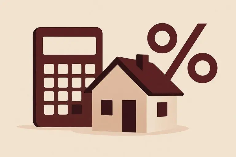 A calculator beside a house and a percent sign, illustrating property management cost analysis in Dallas–Fort Worth