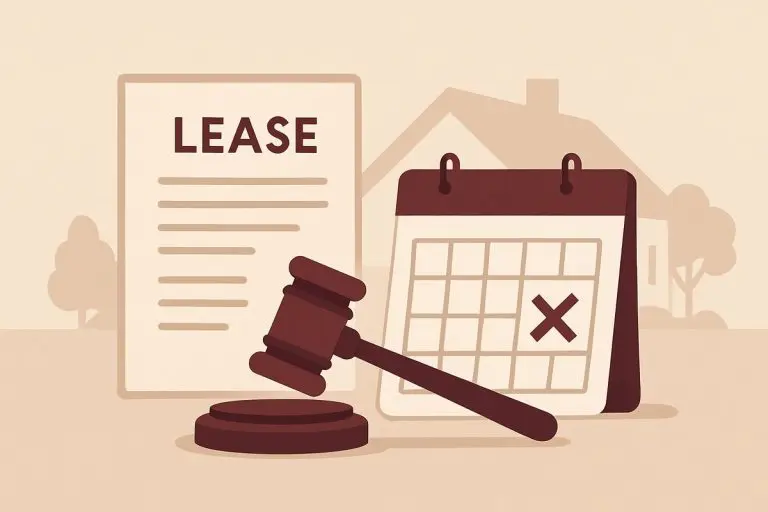 A gavel beside a lease document and a calendar showing timelines, representing the Texas eviction process for landlords