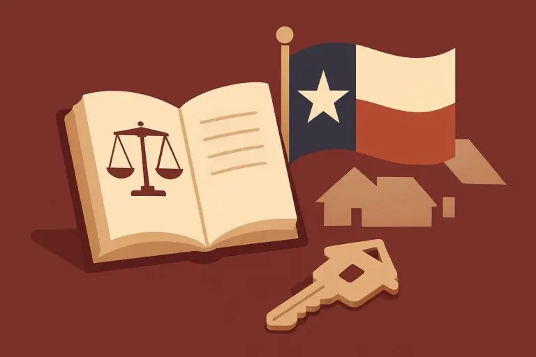 An open law book beside a Texas flag and a house key, representing texas landlord tenant law and property ownership