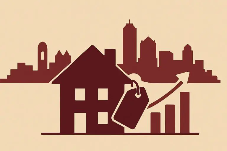 Illustration representing average rent in Frisco TX with a house, price tag, and market trend graph