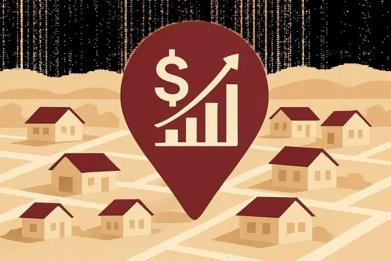 Illustration representing average rent in McKinney TX with a map pin, house icon, and rental price trend graph