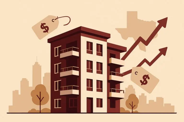 A modern apartment complex representing Plano's thriving rental market, showing average rent prices for different unit types in the DFW area.