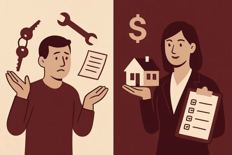 DIY vs property manager cost comparison illustration showing a landlord self-managing versus hiring a professional for a DFW rental property