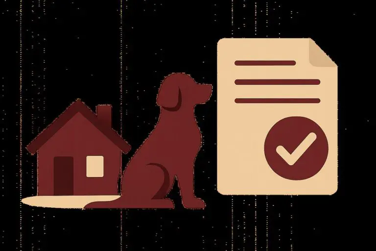illustrated guide to emotional support animal Texas rental rules showing a house, a dog, and a fair housing document