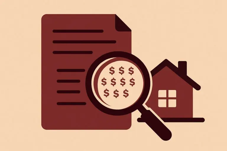 magnifying glass uncovering hidden property management fees inside a rental contract beside a small house