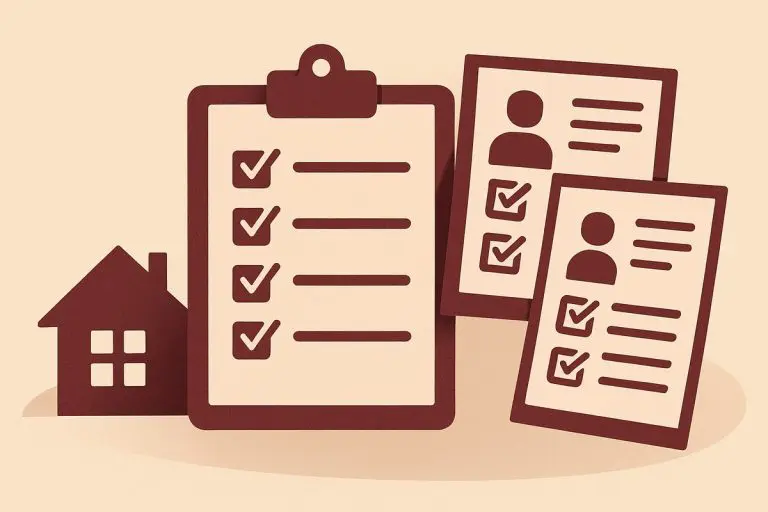 A checklist with checkmarks and application forms, representing how to screen tenants in Texas