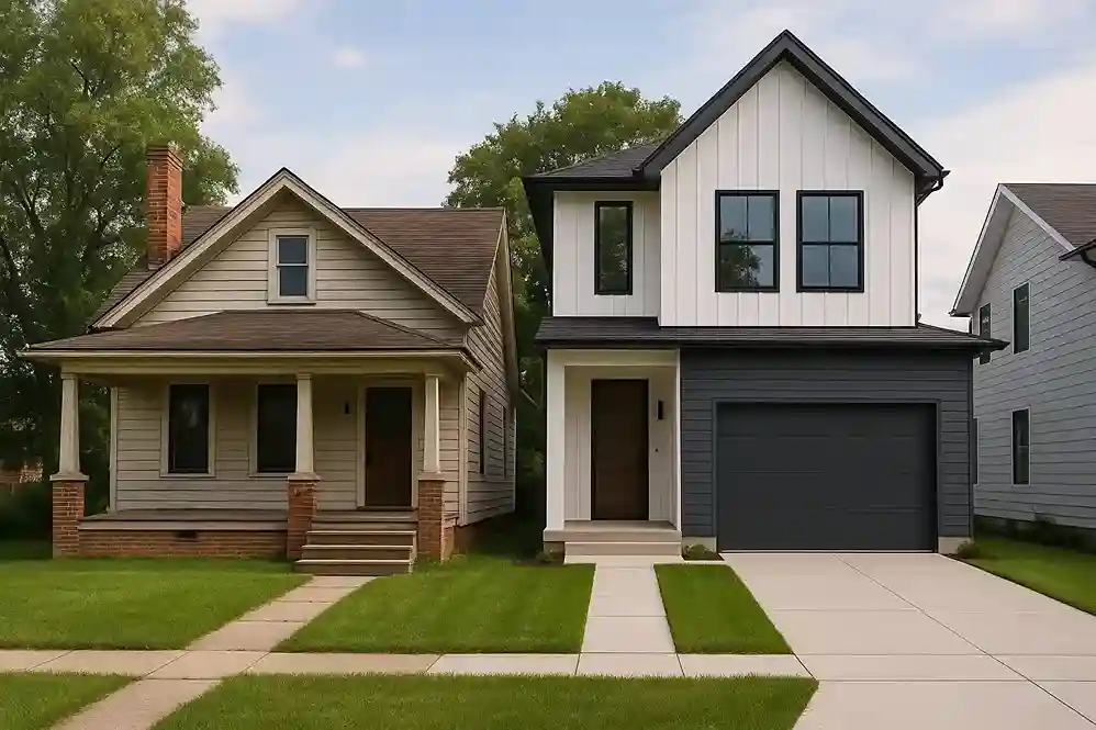 Comparison of dated rental property versus modern home showing competition challenges in Dallas rental market trends