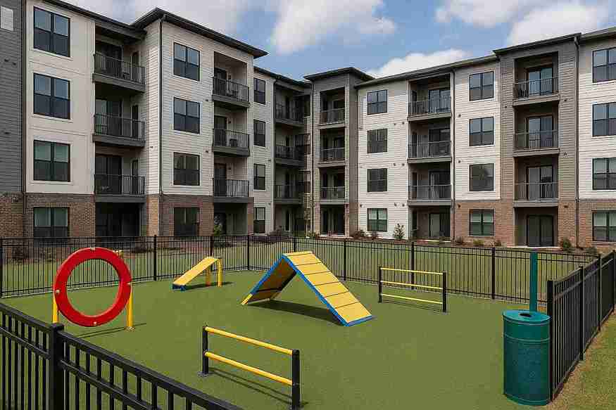 Modern apartment complex dog park with agility equipment and pet waste stations in Dallas-Fort Worth