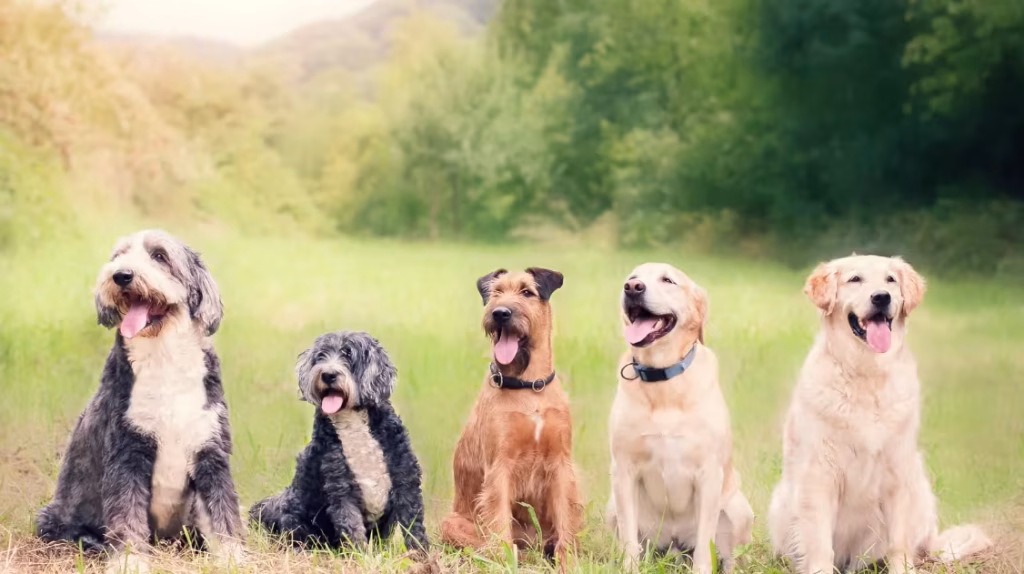 Diverse group of pet owners with various dog breeds in front of pet-friendly apartment building