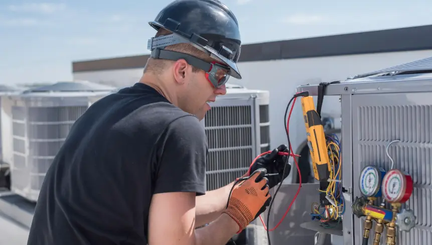 Professional property inspector examining outdoor HVAC unit on Dallas residential rental property during summer maintenance check